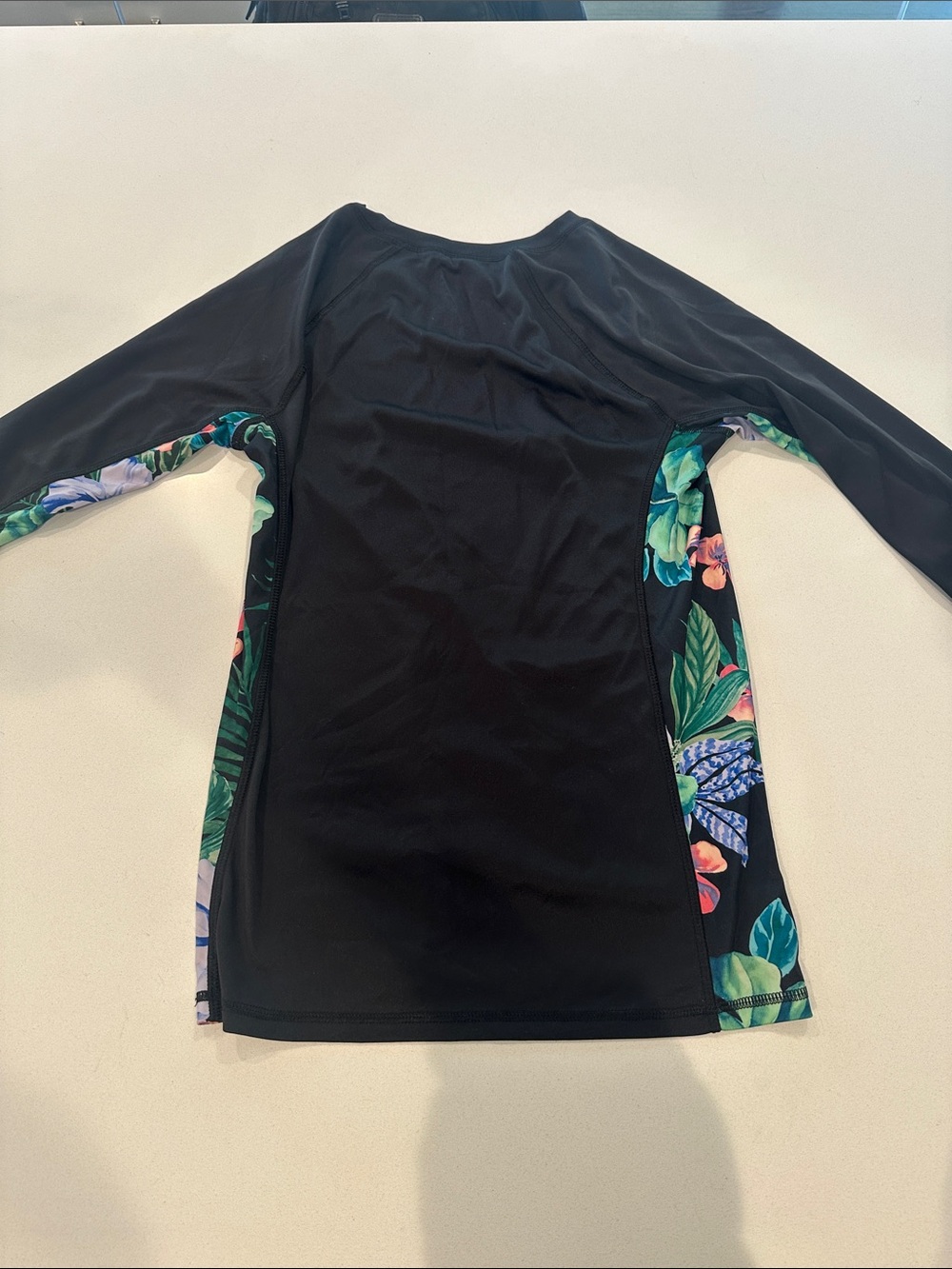 Woman Speedo Black Long Sleeve Swim Top with Tropical Print Panel